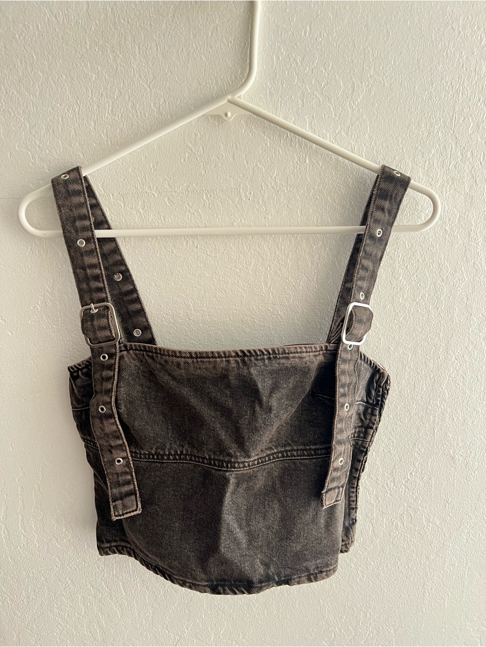 NWT Zara Brown Acid Washed Denim Corset Cropped Top with Buckle Straps